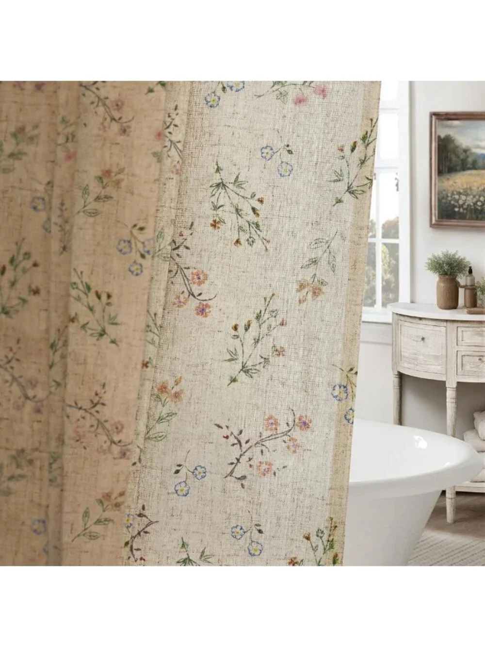 Vintage Floral Linen Shower Curtain | French Country Farmhouse Decor | 72x72